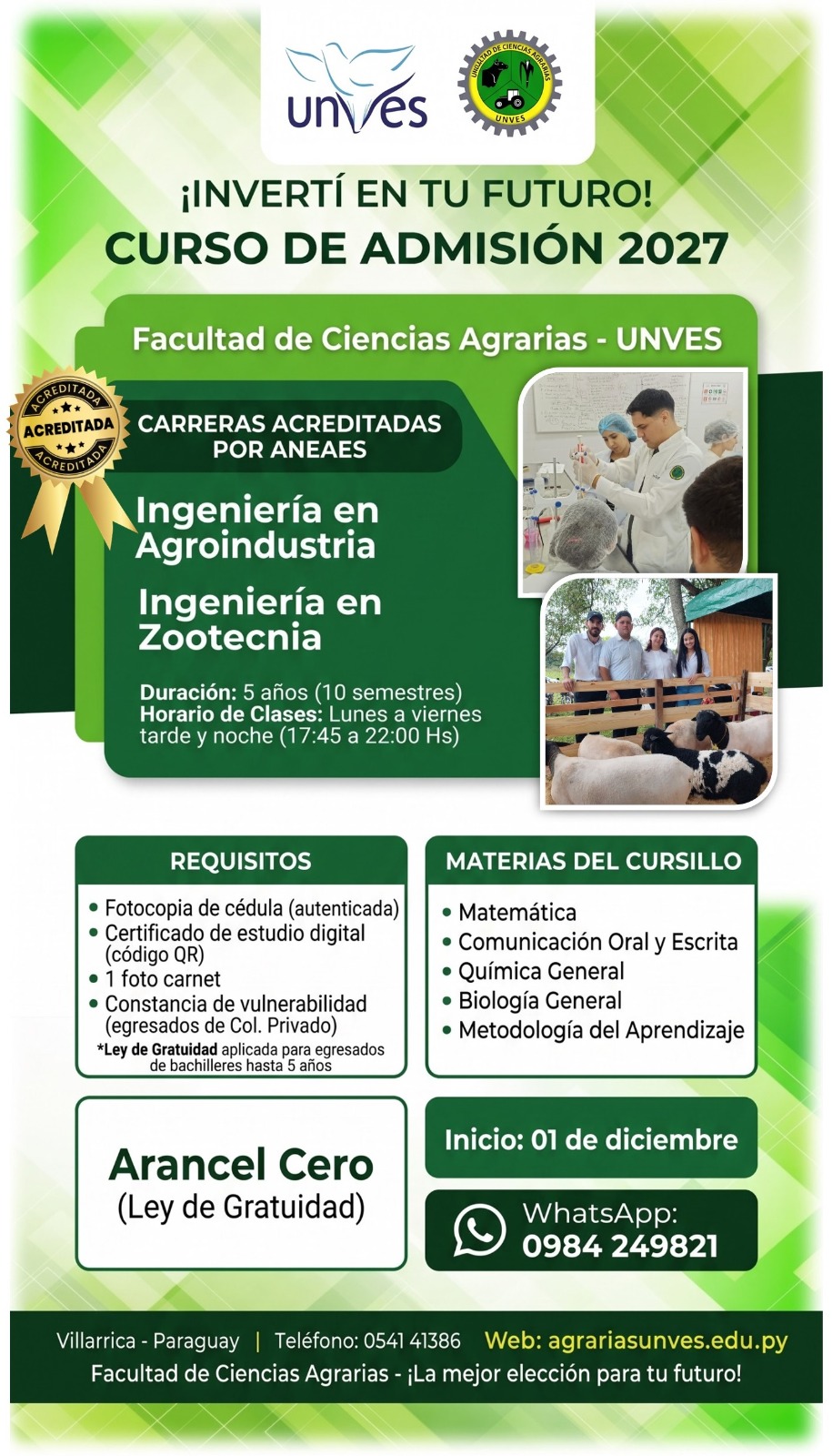Afiche oficial del Curso de Admisión 2027 — Facultad de Ciencias Agrarias UNVES