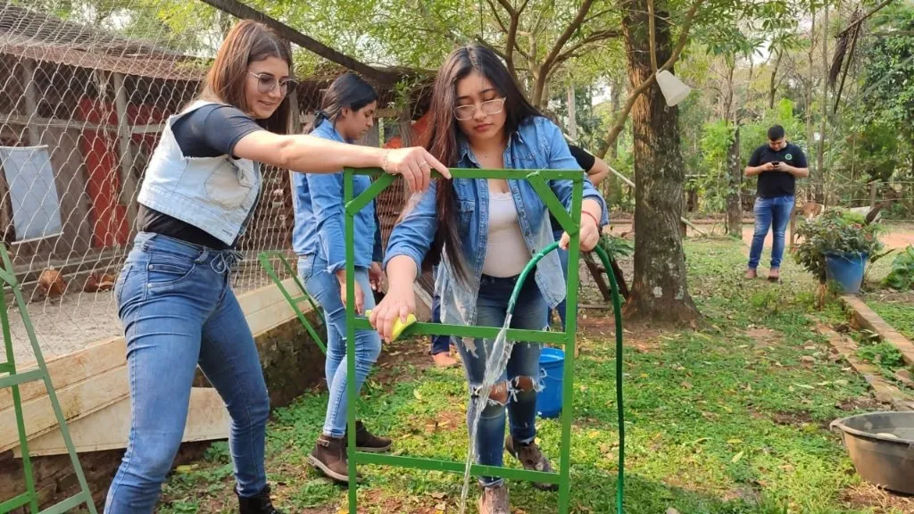 Estudiantes realizando tareas de mantenimiento en el Campo Experimental